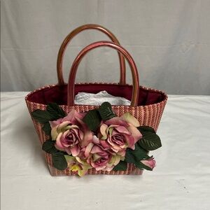 Floral Pink Handbag pink wicker basket  handbag with a floral arrangement
